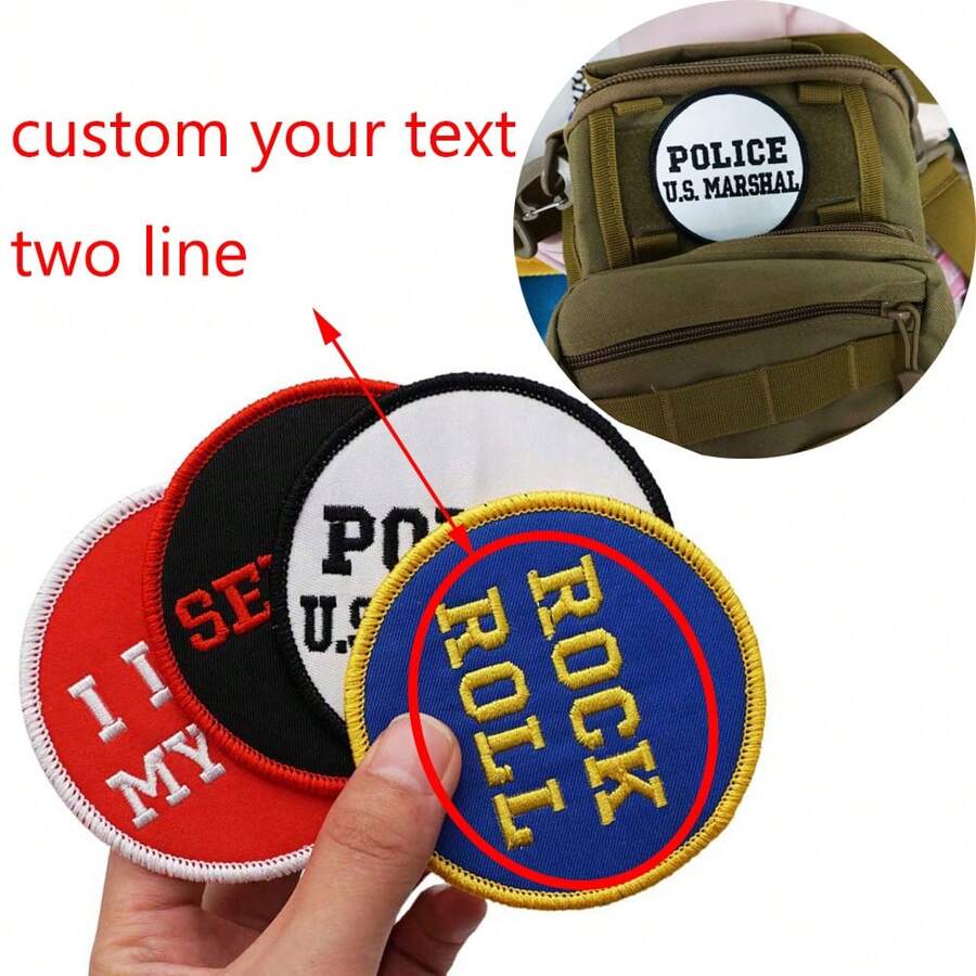 Angefertigter bestickter kreisförmiger Doppelbeschriftung Namenspatch, Hut, Tasche Kostüm Dekorationssticker, kann aufgebügelt, aufgenäht oder mit Klettverschluss befestigt werden