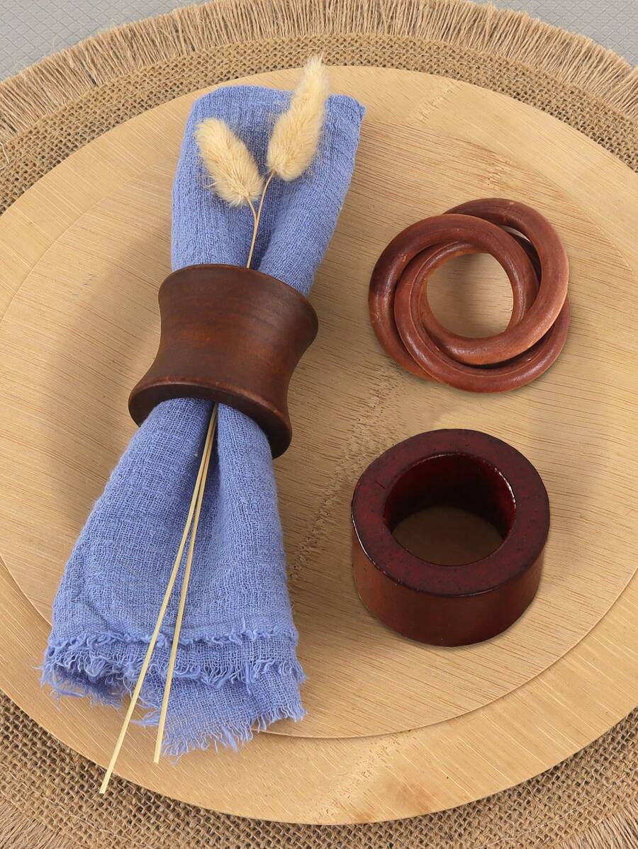 1/2/4pcs Natural Brown Wooden Napkin Rings, Suitable For Boho Style Country Party Dining Table Decor - Brown - View 1