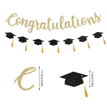 Bannière de félicitations 2025 Décorations de remise des diplômes Paillettes d'or Félicitations diplômé Remise des diplômes avec gland Décoration de fête Faveurs de fête de remise de diplôme universitaire Noir