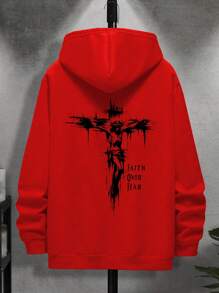 Men's Casual Loose Fit Drawstring Hoodie With Letter Print, Suitable For Spring And Autumn, Long Sleeve Top - Red - View 2