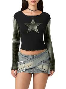 Women Y2k Long Sleeve Crop Tops Vintage Star Pattern Stripes Patchwork T Shirts Crew Neck Slim Fit Graphic Printed Tees Casual Y2K 90s Streetwear Fairy Grunge Aesthetic Clothes Fir E-Girls