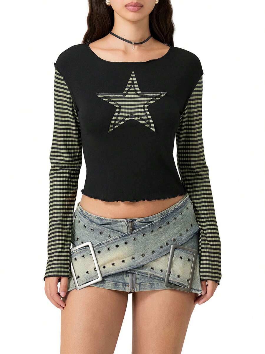 Women Y2k Long Sleeve Crop Tops Vintage Star Pattern Stripes Patchwork T Shirts Crew Neck Slim Fit Graphic Printed Tees Casual Y2K 90s Streetwear Fairy Grunge Aesthetic Clothes Fir E-Girls