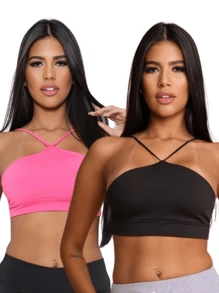 Kit 2 Top Gym Strap Fitness Cropped Zero Transparency Running Workout Clothing - 黑色和泡泡糖粉紅色 - View 1