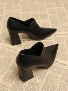 2025 年春季新款尖头优雅简约时尚高跟鞋，棕色粗跟女式高跟鞋 - 黑色 - 查看 5