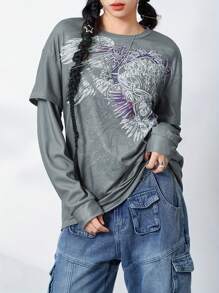 Women Vintage Graphic Grunge Tops Y2K Goth Long Sleeve Fake Two Shirts Spring Fall Alt Clothing For Teen Streetwear