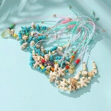 12pcs Ocean Beach Elements Starfish & Turquoise Beads Shells Braided Bracelets