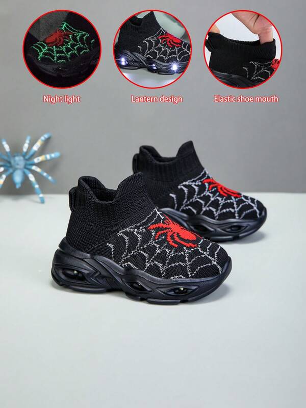New Kids Spider Web Pattern Luminous Shoes, Lightweight & Simple Design, Soft & Comfortable, Glowing Soles, Breathable Mesh, Anti-Slip, One-Push Outdoor Casual Sports Shoes, All Season