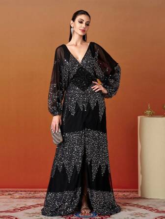 Missord Vestido de noche con escote en V, mangas farol y lentejuelas - Vestido de fiesta, vestido de invitada de boda, vestido formal