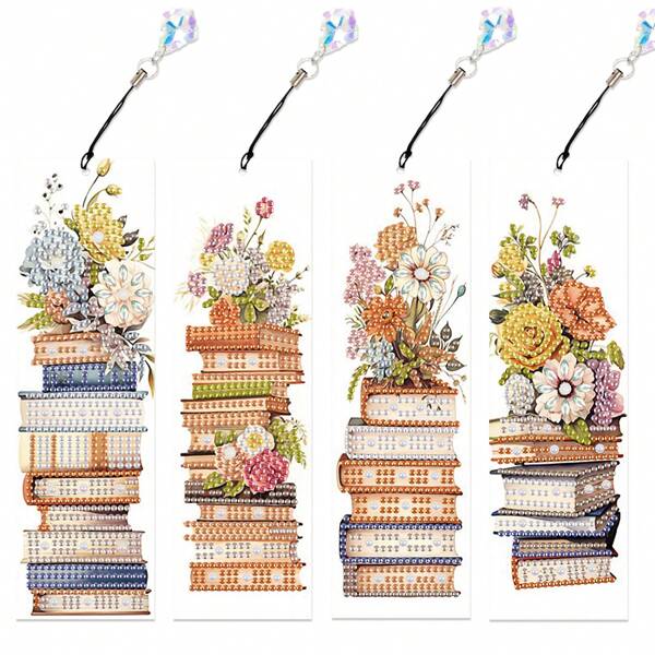 4pcs Floral Diamond Painting Bookmark Kits - Flower Theme DIY Handmade Book Lovers Craft, DIY Diamond Painting Bookmarks With Tassels Crafts Supplies