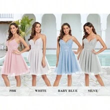Vestidos de fiesta de tul 2024, vestidos de fiesta cortos para adolescentes, vestidos de cóctel brillantes - Celeste - Ver 6