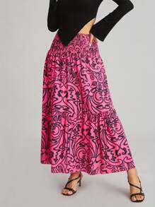 Women Summer Long Skirt Large Hem Floral Print Elastic High Waist A-Line Skirt For Beaches Club Streetwear - Hot Pink - View 4