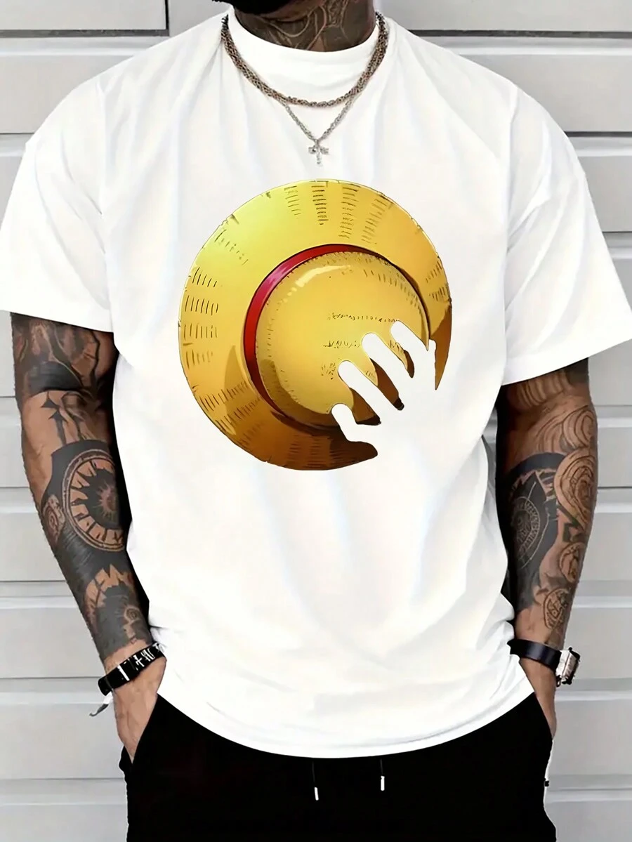 1 Piece, 100% Cotton, Cute Little Yellow Hat, Versatile , Men's Short-Sleeved Printed T-Shirts, Holiday Gifts. - White - View 1