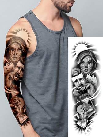1 hoja de tatuajes temporales para todo el brazo y el Body, extra grande, para hombres. Diseños en 3D de máscaras negras, cristales de strass, flores de rosas, payasos, cartas, y patrones de estilo callejero. Tatuajes falsos impermeables que duran de 2 a 5 días, cubren cicatrices y pueden usarse en brazos, muñecas, hombros, piernas, cintura, cuello, mano, pecho, muslos y dedos. Perfectos para fiestas con amigos o parejas.