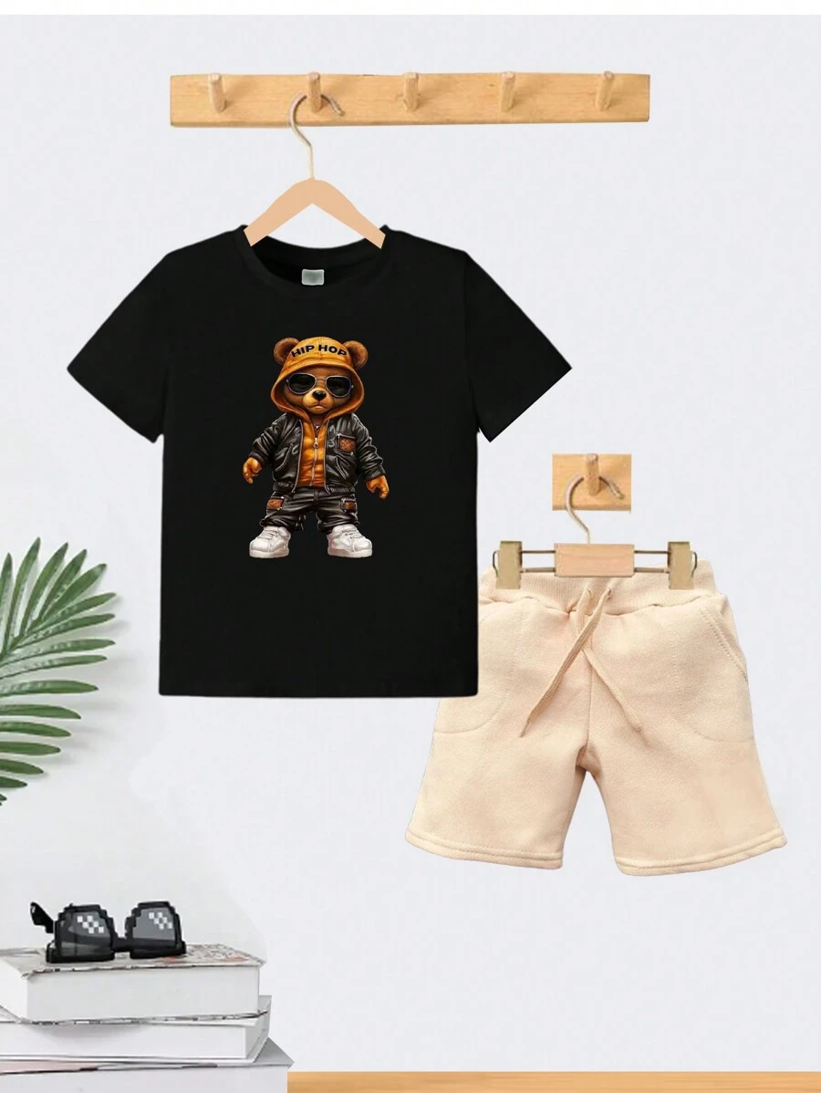 Children's Set B  Boy Bear Hip Hop T-Shirt And Bermuda Shorts Children's Clothing Male Summer - 黑色 - 查看 1