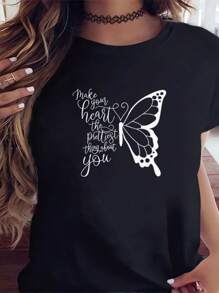 Butterfly Print Women's T-Shirts, Breathable And Soft Casual Short Sleeves, Daily Wear Suitable For All Seasons Women's Clothing