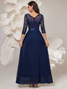 MIUSOL 优雅亮片花卉蕾丝七分袖荷叶边雪纺正式派对礼服 - 藏蓝色 - 查看 3