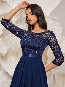 MIUSOL 优雅亮片花卉蕾丝七分袖荷叶边雪纺正式派对礼服 - 藏蓝色 - 查看 9