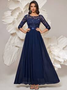 MIUSOL 优雅亮片花卉蕾丝七分袖荷叶边雪纺正式派对礼服 - 藏蓝色 - 查看 4