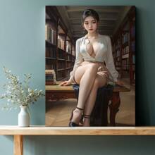 1 Pc Elegant Women In Button-Down Shirts And Skirts Sit In The Library Decorated With Canvas Hanging Pictures Wooden Framed Canvas Painting Thickness 2.25cm/0.9inch High Quality Wall Art Prints Poster Direct Hanging Wall Picture Decor For Home Gifts, Gift, Decoration,Living Room, Bathroom, Bedroom, Kitchen - 彩色 - 查看 1