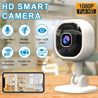 1 pieza Cámara mini blanca de alta definición, con llamada de voz bidireccional, visión nocturna, alarma de detección de movimiento en tiempo real, vista en vivo multi-usuario, grabación continua, apta para monitoreo interior y exterior, mini cámara espía