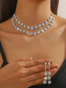 水鑽裝飾多層次項鍊和1對耳墜適合女士適合派對宴會婚禮 - 銀色 - 查看 20
