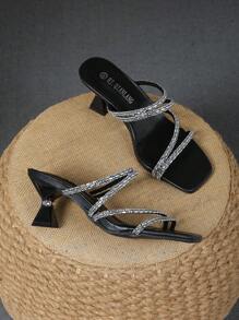 Chunky Heel Crystal Buckle Open Toe Black Strap Sandals, Versatile Party High Heels For Women