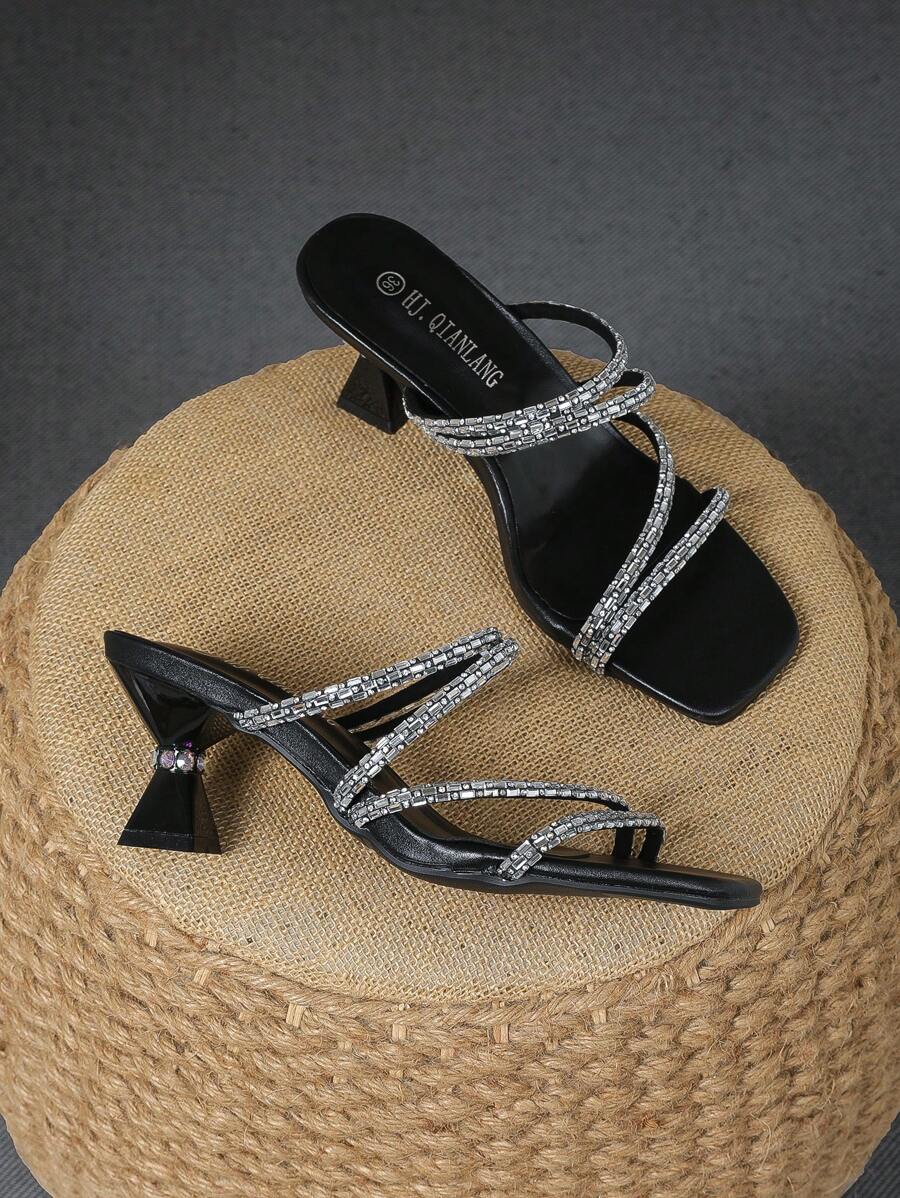 Chunky Heel Crystal Buckle Open Toe Black Strap Sandals, Versatile Party High Heels For Women