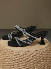 Chunky Heel Crystal Buckle Open Toe Black Strap Sandals, Versatile Party High Heels For Women
