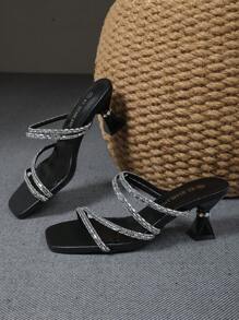 Chunky Heel Crystal Buckle Open Toe Black Strap Sandals, Versatile Party High Heels For Women