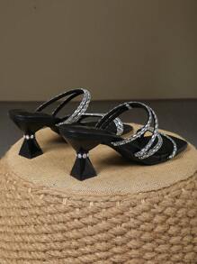 Chunky Heel Crystal Buckle Open Toe Black Strap Sandals, Versatile Party High Heels For Women