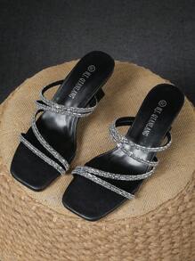 Chunky Heel Crystal Buckle Open Toe Black Strap Sandals, Versatile Party High Heels For Women