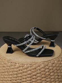 Chunky Heel Crystal Buckle Open Toe Black Strap Sandals, Versatile Party High Heels For Women