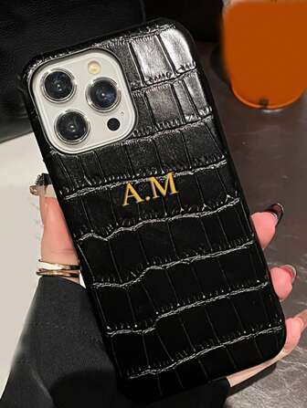 Personalized Initials Customized Golden Name Letter Luxury Faux Leather Hard Phone Case Compatible With IPhone 16 15 14 Pro Max 13 12 11 Pro Max 15 16 Plus Custom Shockproof Protective Back Cover