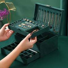 1pc Green 3-Layers Jewelry Box, Large PU Leather Finish Storage Drawer Cabinet, Jewelry, Earrings, Necklace, Bracelet, Ring, Ornaments, Adorn Article, Small Item Organizer Box Art Supplies Back To School Dormitory Storage - Green - View 3