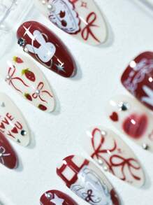 10pcs Handmade European & American Style Nail Stickers With Heart, Star, Pearl, Bow Decor - Glossy Nude & Black Dual Color, Short Almond Shape, Elegant Design Artificial Nails Suitable For Women & Girls. Includes 1pc Gel Polish & 1pc Nail File. Valentine's Day Press On Nails