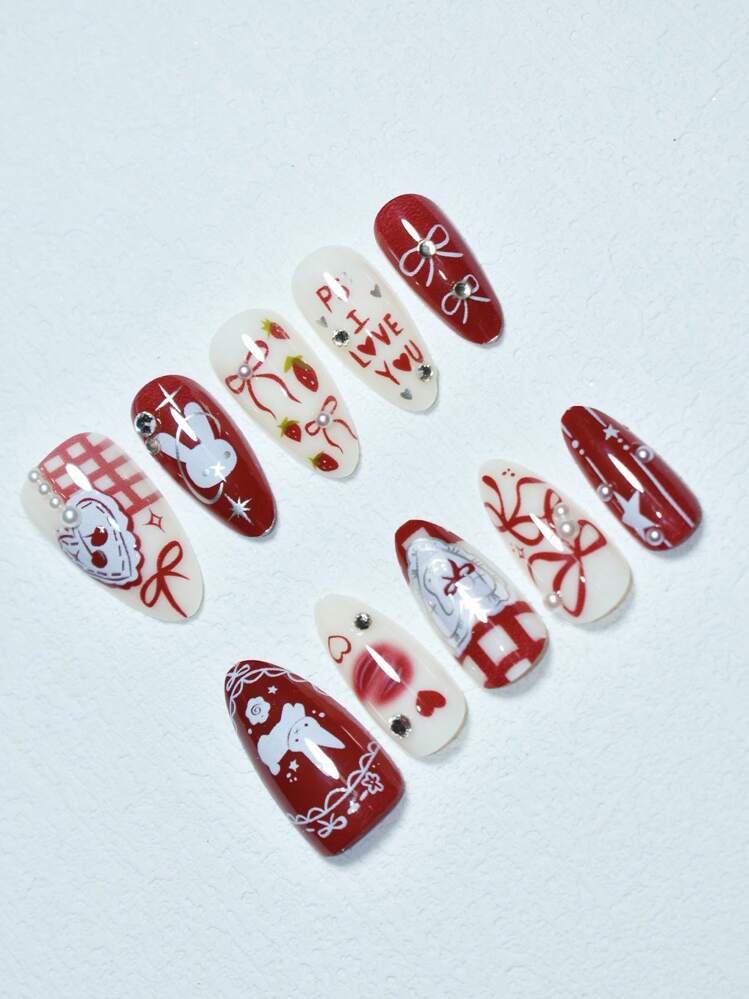 10片手工欧美风格指甲贴，带心形、星星、珍珠和蝴蝶结装饰 - 亮裸色和黑色双色，短杏仁形，优雅设计，适合女士和女孩的人造指甲。内含1片凝胶指甲油和1个指甲锉。情人节按压式指甲贴，美甲用品，美甲 - 彩色 - 查看 5