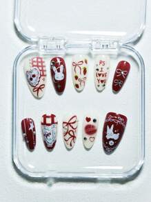 10pcs Handmade European & American Style Nail Stickers With Heart, Star, Pearl, Bow Decor - Glossy Nude & Black Dual Color, Short Almond Shape, Elegant Design Artificial Nails Suitable For Women & Girls. Includes 1pc Gel Polish & 1pc Nail File. Valentine's Day Press On Nails