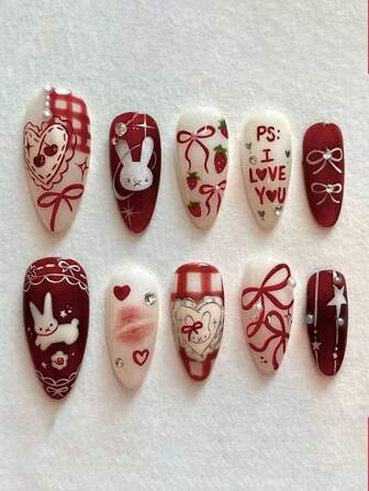 10Pcs Handmade European & American Style Nail Stickers With Heart, Star, Pearl, Bow Decor - Glossy Nude & Black Dual Color, Short Almond Shape, Elegant Design Artificial Nails Suitable For Women & Girls. Includes 1Pc Gel Polish & 1Pc Nail File. Valentine'S Day Press On Nails Nail Supplies Nails