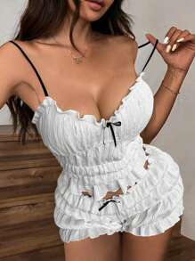 2 件/套夏季度假休闲海滩白色撞色蝴蝶结泡泡纹理 V 领露背上衣搭配松紧腰短裤 - 白色 - 查看 1