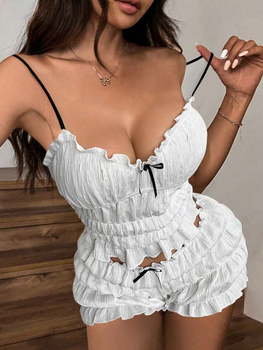 2 件/套夏季度假休闲海滩白色撞色蝴蝶结泡泡纹理 V 领露背上衣搭配松紧腰短裤 - 白色 - 查看 1