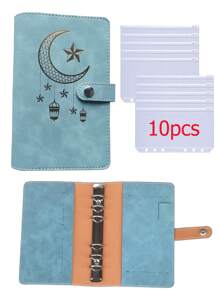 1pc Soft PU Leather Binder Notebook With Cash Budget Loose-Leaf Organizer, Printed With Lucky Patterns Like Star, Moon, Lantern, With 10 Zipper Pockets,Back To School,School Supplies