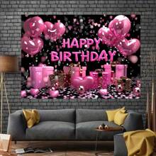 1 Piece, Happy Birthday Party Background Cloth - Bright Black With Pink Rose Gold Heart Shape, Sparkling Balloons And Retro Elements Of Queen's Hall, Polyester, Suitable For Living Room Decoration, Outdoor Celebrations, Live Streaming And Photo Booths, Party Banners