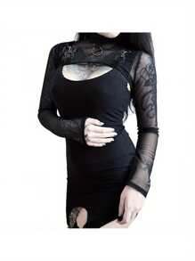 Women Mesh Blouse, Long Sleeve High Neck See Through Blouse For Summer And Spring - 黑色 - 查看 7