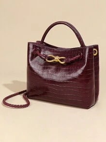 复古新款鳄鱼纹手提包，大容量轻便奢华斜挎单肩包，时尚百搭女士斜挎包，包包女士优雅 - 酒紅色 - 查看 7