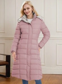 Women's Ultra Long Quilted Cotton Coat With Hood - Stylish And Warm Winter Outerwear - 淺粉色 - 查看 3