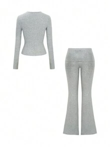 GAOVOT Women's Y2K Style Fitted Sexy Solid Color Square Neck Long Sleeve Top & Flared Pants 2-Piece Sportswear Set, Spring/Summer Casual - Gray - View 9