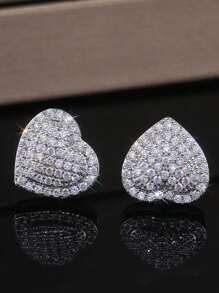 1 Pair 2pcs Shiny Full Zirconia Heart Shaped Stud Earrings, Fashionable For Daily Wear, Valentine's Day & New Year Gift - Multicolor - View 15