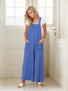 tooluck Women's MaternityJumpsuits Overalls Wide Leg Casual Summer Outfits Linen Rompers Jumpers Sleeveless Straps - 藍色 - 查看 3