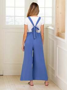 tooluck Women's MaternityJumpsuits Overalls Wide Leg Casual Summer Outfits Linen Rompers Jumpers Sleeveless Straps - 藍色 - 查看 5