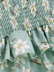 女婴夏季花卉印花荷叶边连衣裙 - 綠色 - 查看 5